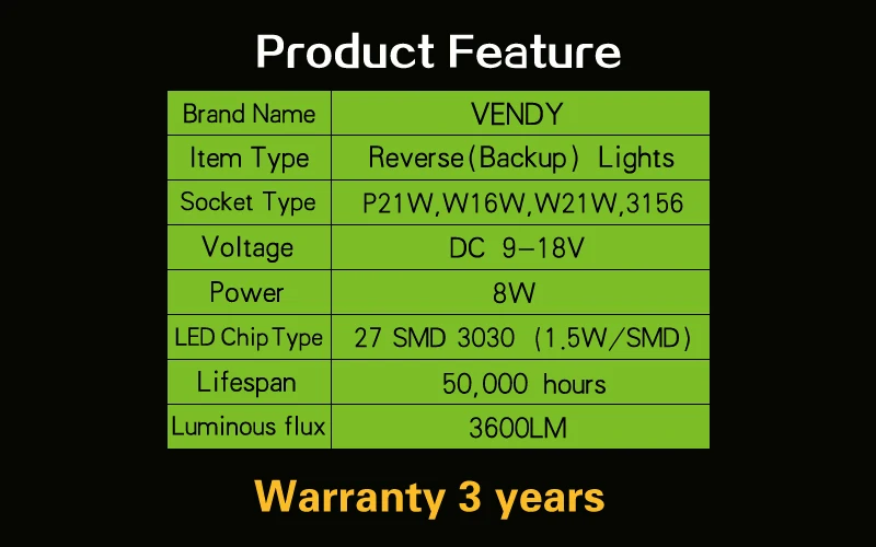VENDY 1 шт. Автомобильный светодиодный Фары заднего хода Авто Canbus без ошибок Резервное копирование лампы 12V W16W 921 T15 W21W 7440 T20 P21W BA15S 1156 3156 P27W