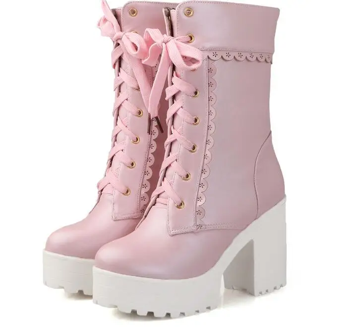 

Carpaton Spring Newest Sweet Lotita Style Woman Boots Round Toe Platform Thick Heels Lace-up Boots Lace Ruffles High Heel Shoes