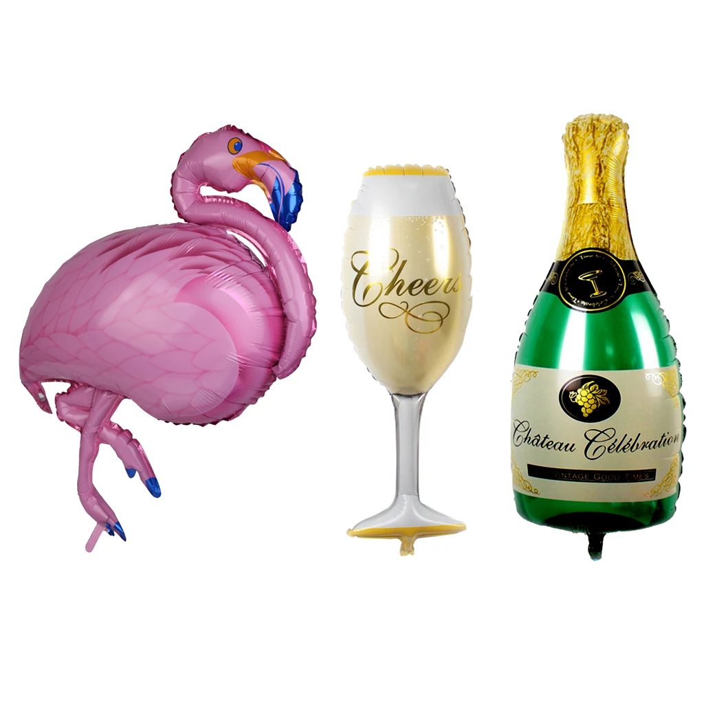 

Set of 3pcs Large Novelty Champagne Cup Bottle Flamingo Aluminum Foil Balloons for Hawaiian Party Decoration