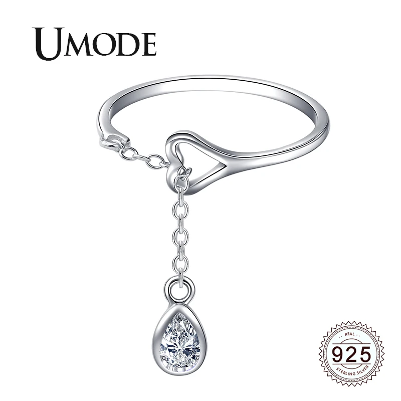 

UMODE 2019 925 Sterling Silver Hollow Heart Adjustable Open Rings for Women Water Drop Zircon Diamond 925 Chains Jewelry ALR0742