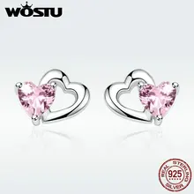 WOSTU, натуральная 925 пробы, серебро, двойное сердце, форма, розовый CZ, романтические серьги-гвоздики для женщин, свадебные украшения, подарок, DXE090
