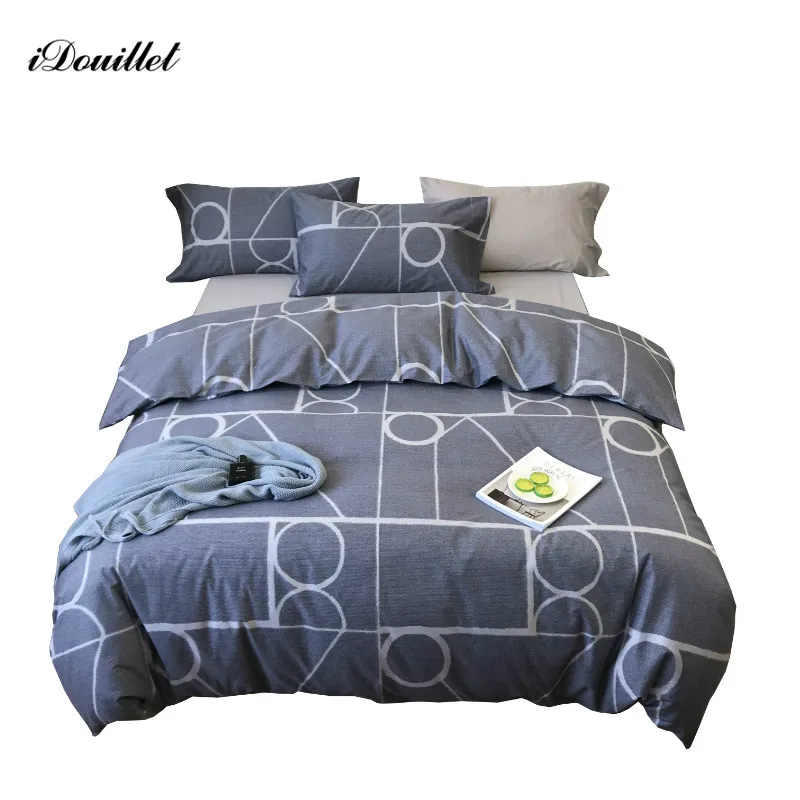 

iDouillet 100% Cotton Bedding Set 4-pieces Simple Geometric Print Duvet Cover Flat Fitted Sheet and Pillowcases Queen King Size
