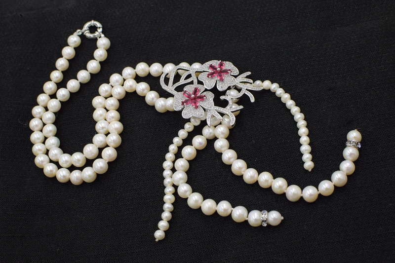 freshwater pearl white near round  necklace 19 FPPJ 8-9mm 5-6mm red flower pendant 