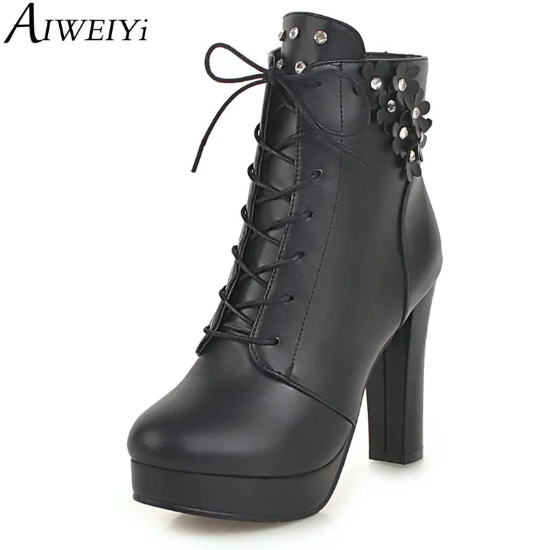 

AIWEIYi Lace Up Ankle Boots for Women Round toe Square Heel Super High Heels Short Boots Warm Winter Martin Boots