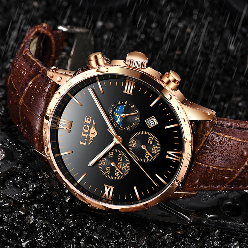 

Relogio Masculino LIGE Mens Watches Top Brand Luxury Black Watch Leather Casual Quartz Watch Men Military Sport Waterproof Clock