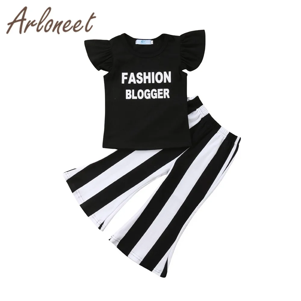 

ARLONEET Clothes newborn baby girls Fly Sleeve tshirt Striped Print long pants costume kids children 2019 girls summer outfit