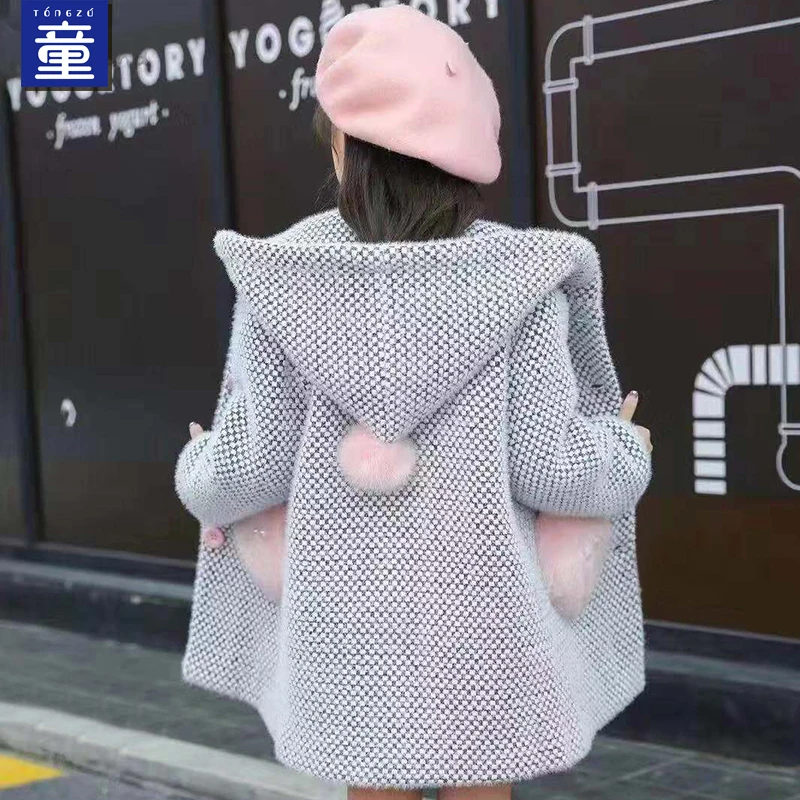 

Girls Elegant Woolen Jacket Outerwear Fall Winter Children's Hooded Trench Coat Female Kids Lovely Thickened Warm Overcoat D85