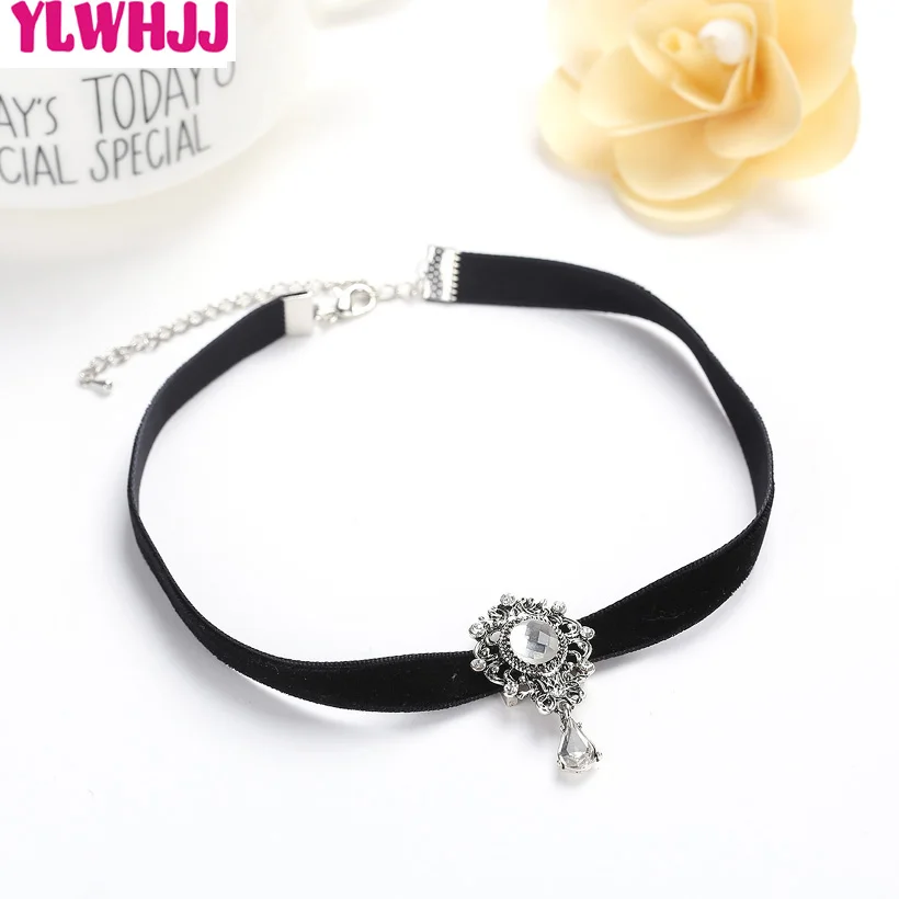 YLWHJJ Брендовое женское ожерелье-чокер с белым драгоценным камнем и кристаллами, черные бархатные Стразы, макси модное ювелирное ожерелье