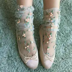 Модные женские милые свежие кружево, вышитые цветы тонкие трикотажные носки по щиколотку