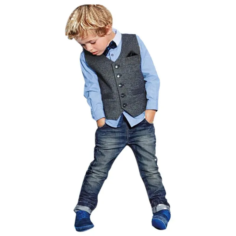 1Set Kids Toddler Boys Spring Pullover Handsome Black Blouse Gray Casual Pants