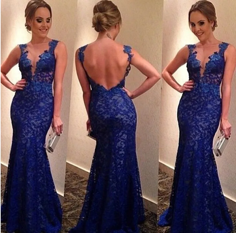 

Elegant Royal Blue Lace Long Evening Dresses Charming V-Neck Sexy Formal Mermaid Prom Gown for Wedding Party Custom Made