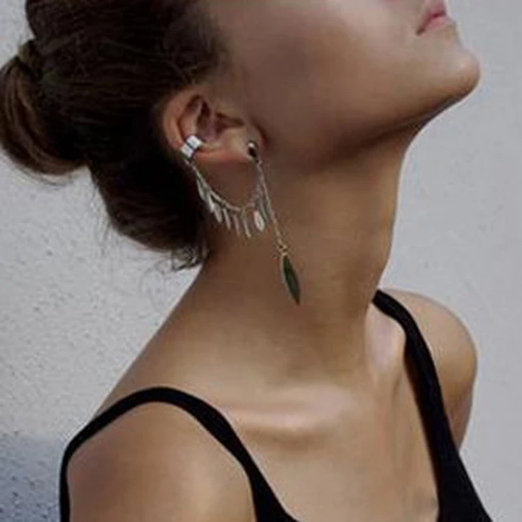 

1 Pc New Fashion Women Girl Punk Rock Leaf Chain Tassel Dangle Cuff Earrings Charms Metallic Wrap Ear Cuff Earrings