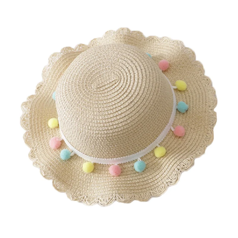 Шляпа сумка набор волнистые соломенные шляпы цветные шары Кепка Одна сумка на плечо для детей весенний Летний пляж FI-19ING - Цвет: Бежевый