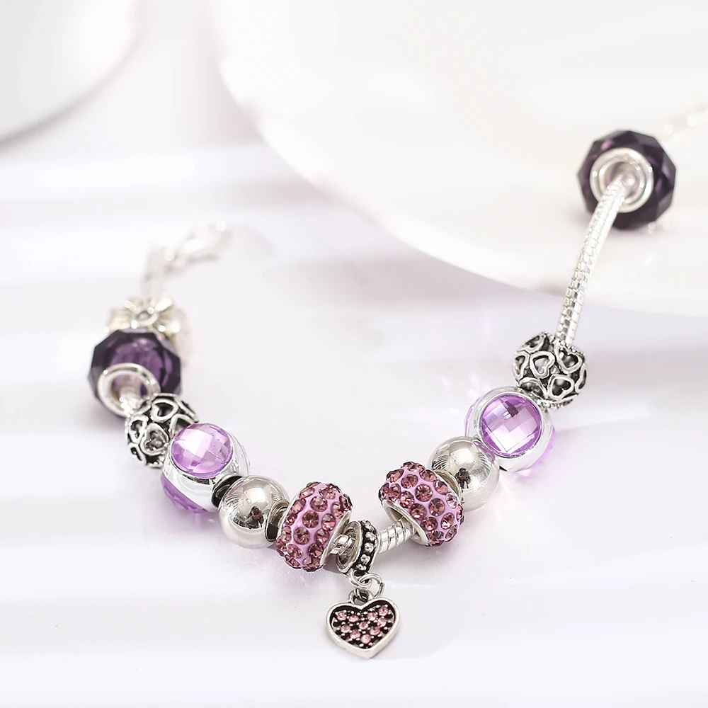 Новое модное серебряное стеклянное украшение браслеты и браслеты для женщин винтажные хрустальные бусины в форме сердца брендовый браслет Pulseras