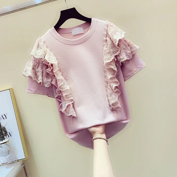 

New Sweet Lace Edge Nail Bead T Shirt Woman Short Sleeve T-shirt Loose Stitching Top Womens Summer Casual T-shirts Students Tees