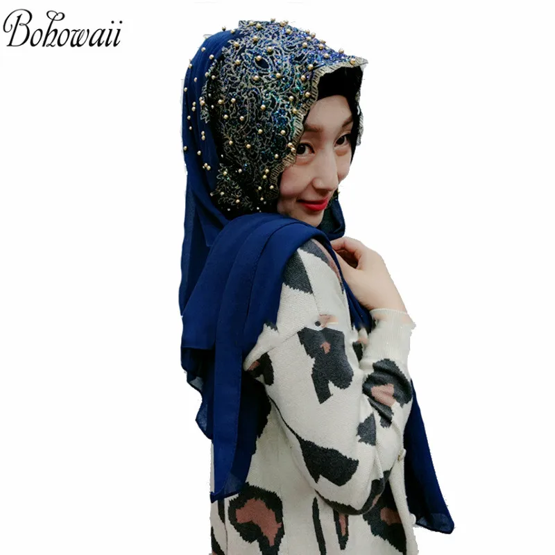 Мусульманский хиджаб шарфы для женщин длинный шифоновый платок с бисером Hoofddoek Moslima исламский молитвенный тюрбан Mujer - Цвет: 6