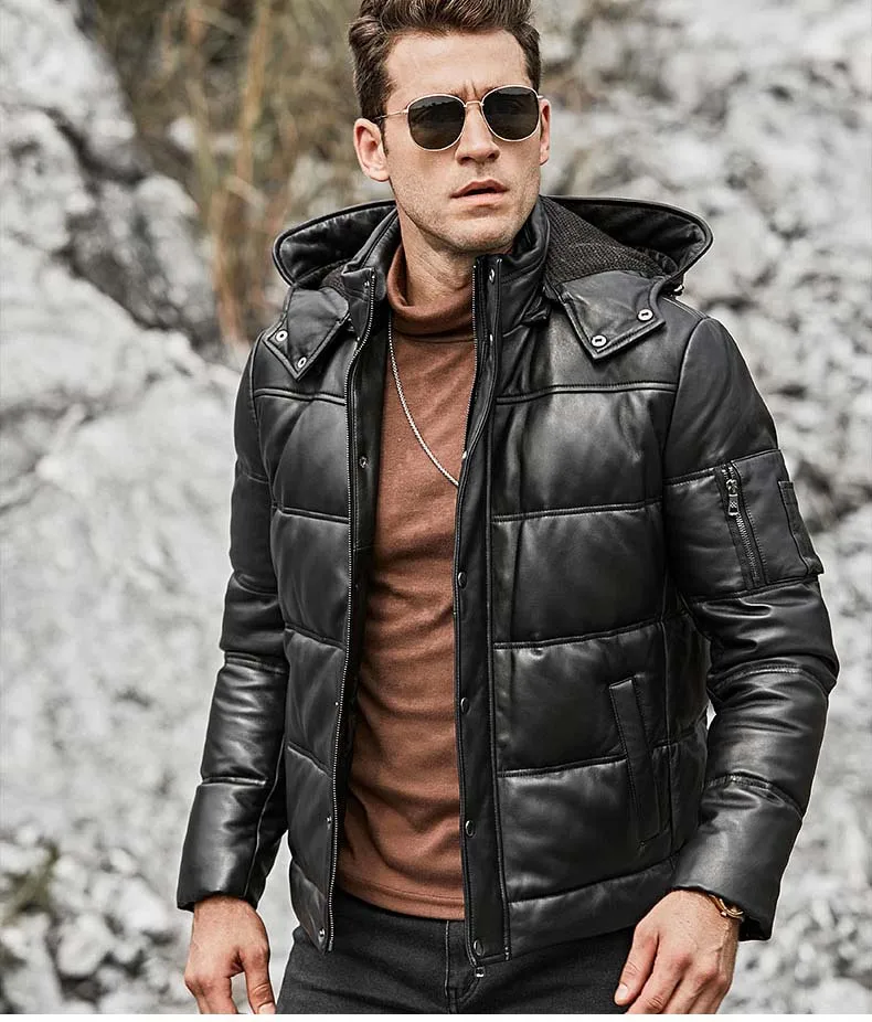 

man's winter duck down overcoat genuine sheepskin leather jacket with a hood hat for male warm parka black xs plus size 5xl 6xl