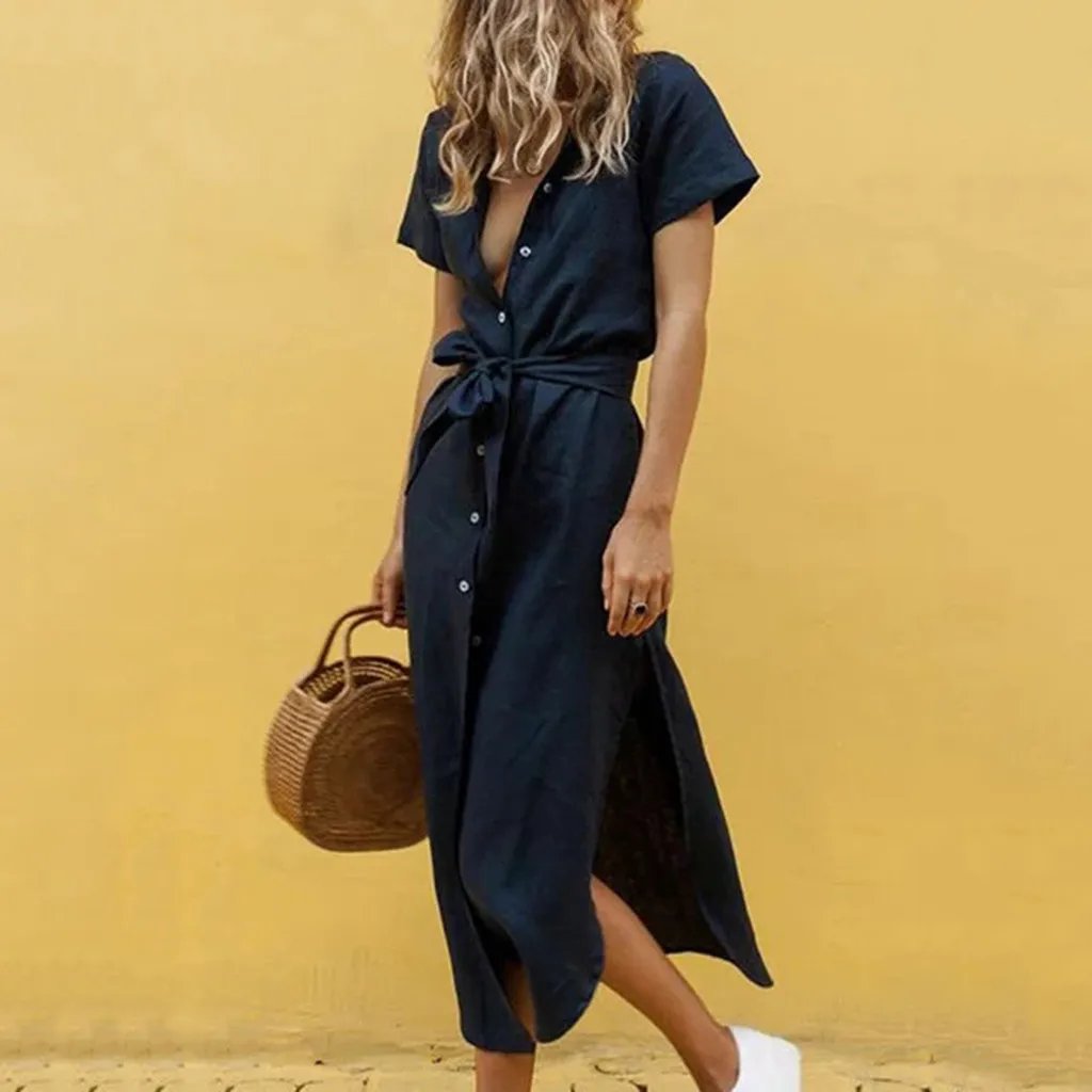

New Fashion Loose Solid Color Dress Women Summer Short Sleeve Linen Dress Short Sleeve Turn-Down Collar Beach Dress ropa mujer