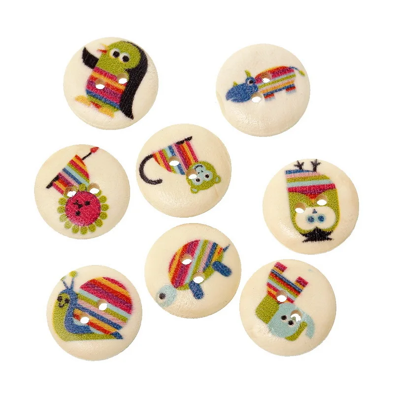 

100 pcs Wooden Buttons For Clothing Lovely Cartoon Animal Shaped Painted 2 Hole Buttons For Sweaters DIY Craft (Mixed Color)