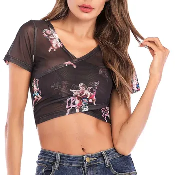 

Summer Short Sleeve Female Blouse Women Clothing Women Sexy Letter Mesh Print Overlap Cross Sling Crop Tank Top Vest 2019