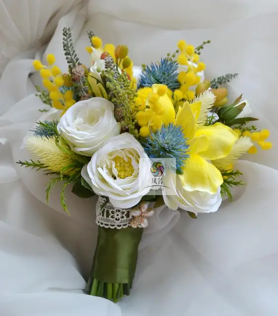 New Style Handmade Yellow Blue White Rose Thistle Iris Flo Wer New Style Handmade Yellow Blue White Rose Thistle Iris Flo Wer Bouquet Wedding Flower Bride Brunette