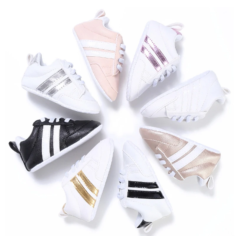 

Fashion Baby Shoes Newborn Pu Leather Sneakers Stripe Baby First Walkers Shoes Soft Comfortable Bottom Non-slip Shoes