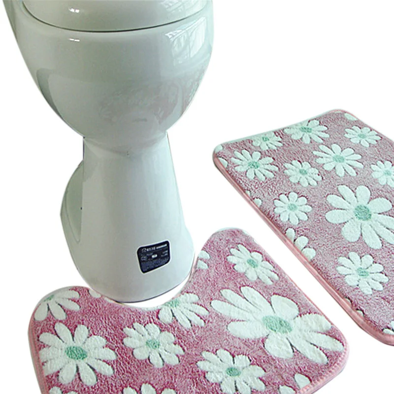 Soft Coral Fleece Machine Washable Non Slip Toilet Floor Bath Mats Sets