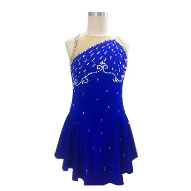 Cheap Customized Costume Ice Figure Skating Dress Rhythmic Gymnastics Blue Adult Child Girl Show Skirt Performance Shiny No Sleeve