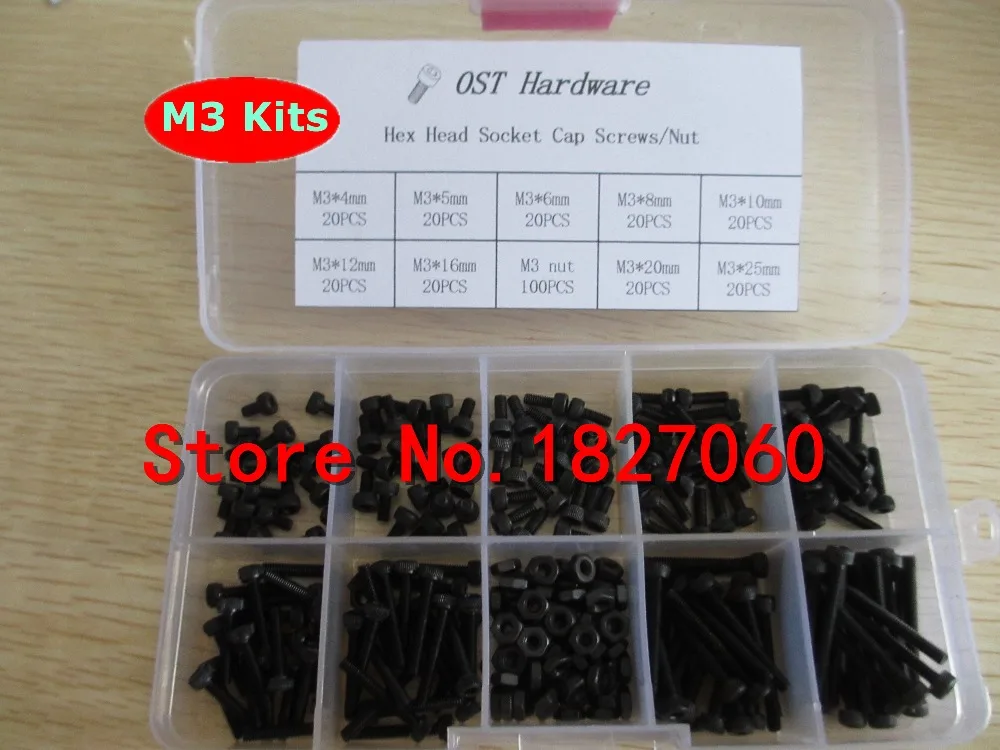 280pcs/box M3 Screw kits Hex socket head cap screw DIN912 Black steel