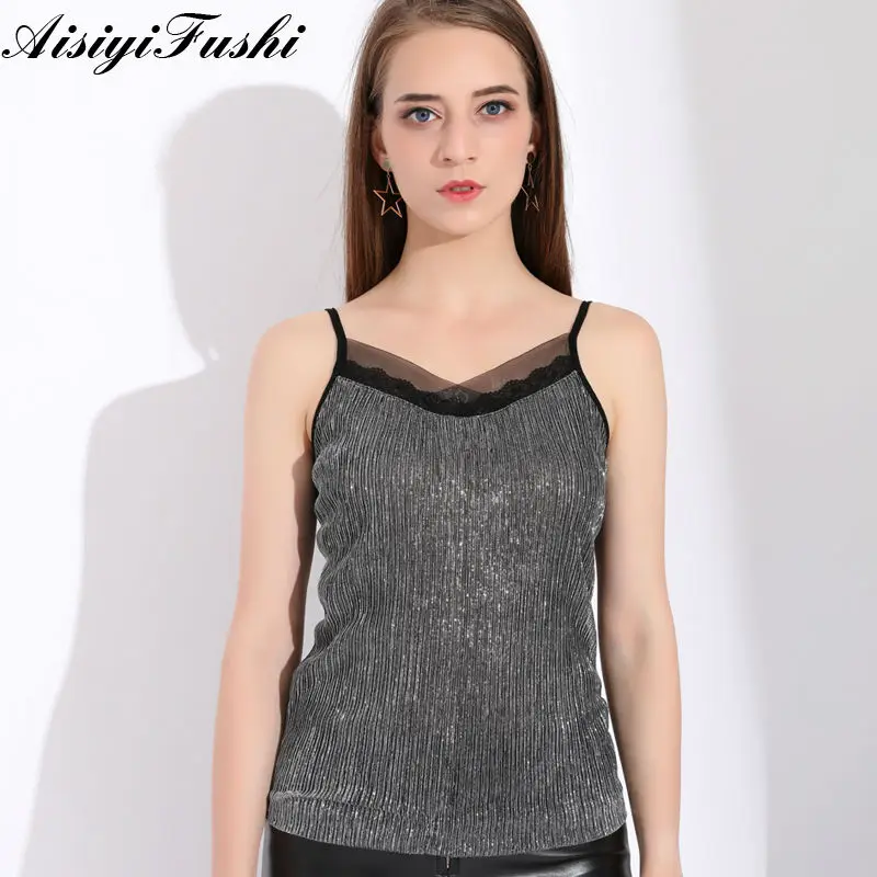 

Spaghetti Strap Tops Plus Size Summer Lace Tops Women Camisole Femme Glitter Top Satin Lace Tank Top Sleeveless Blouse With Lace