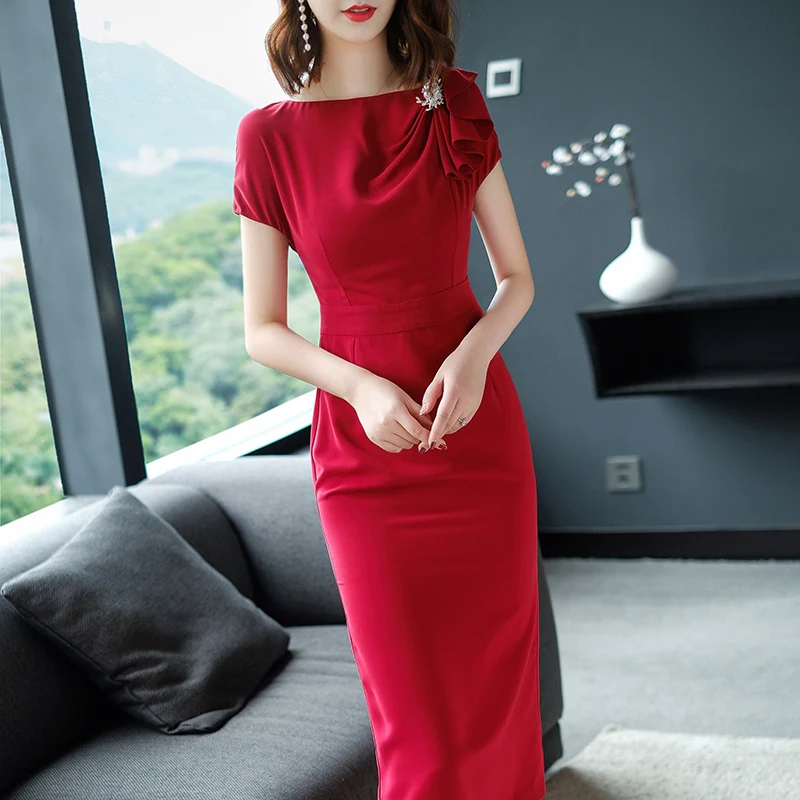 2018 Autumn New Red Dress Female Knee Length Slim Ladies Elegant Party