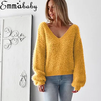 

Women Long Sleeve Sweater Solid Autumn V-neck Backless Ladies Oversized Knit Jumper Pullover Tops