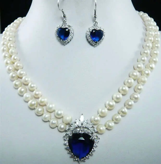 

FREE SHIPPING HOT sell new Style >>>> 7-8mm Natural White Pearl Blue Crystal Pendant Necklace + Earrings Set