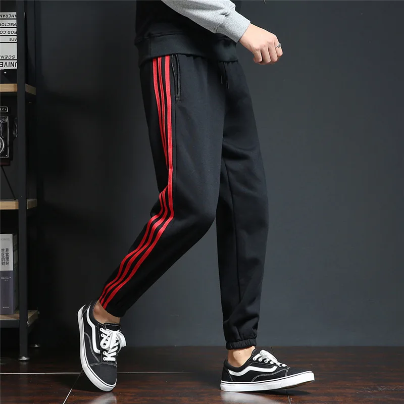 

2019 Casual Pocket Striped Hip-hop Sweatpants Men Organic Cotton Comfortable Harem Pants Male Joggers Routine School Black Pants