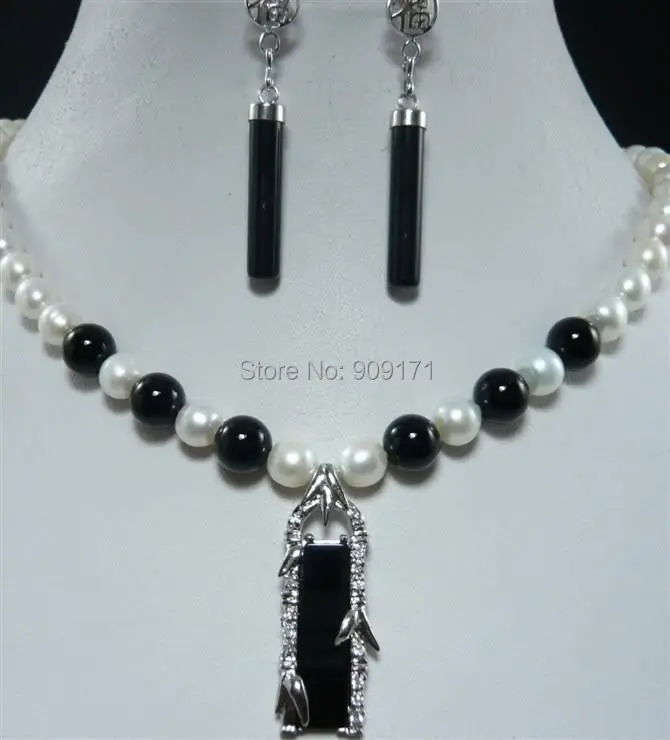 

Free Shipping>>>>>>7-8MM White Akoya Pearl +Black Agate Pendant Necklace Earring Set