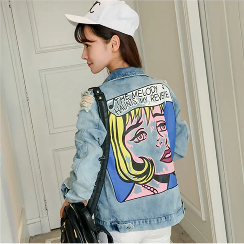 

2019 New Fashion Women Girl Casual Jacket Tops Colored Printed Cartoon Loose Denim Coat Ladies Graffiti BF Style Denim Jacket