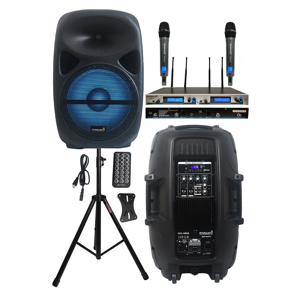 

STARAUDIO 2500W PA 15" Powered DJ Disco Active Audio RGB Light Speaker KTV Stage Stand 2CH Wireless UHF Handheld Mic SCS-15RGB