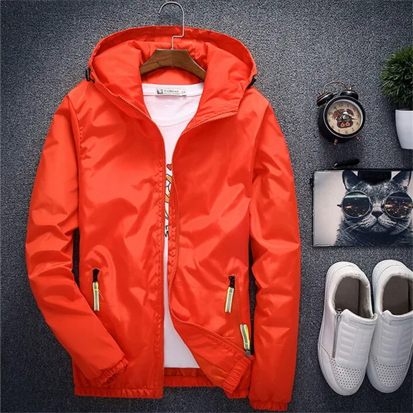 Весенне-осенняя куртка-бомбер, ветровка, мужская повседневная приталенная куртка с капюшоном, тонкий плащ на молнии, верхняя одежда, куртка размера плюс 6XL 7XL - Цвет: Оранжевый