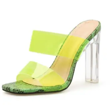 

BONJEAN Transparent Heels Mule Shoes Summer Sexy PVC Patchwork Thick Heels Woman Sandals Green Snakeskin Leather Slides