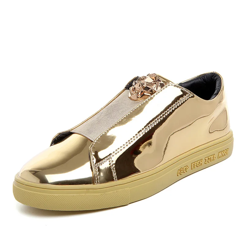 

2019 New Gold Silver Black Blue Leather Casual Shoes Men Bling Couple Shoes Glossy PU leather Sneakers Outdoor Male Footwear