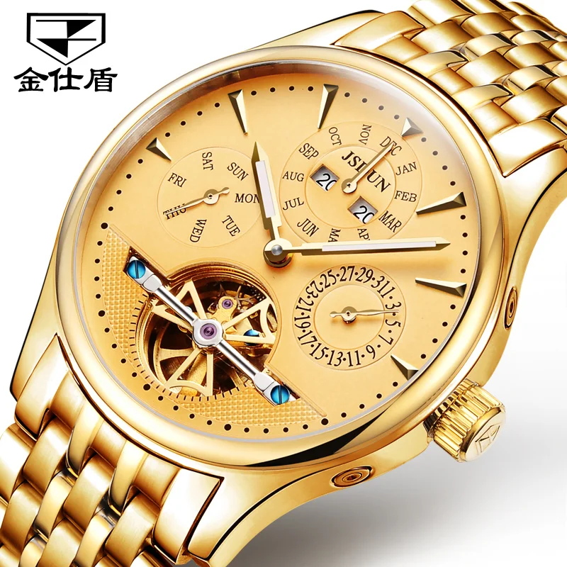 JSDUN швейцарские мужские часы золотые турбийон автоматические механические часы Мужские лучший бренд класса люкс бизнес полностью стальные часы