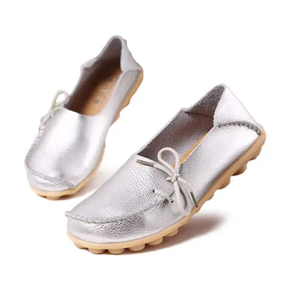 Mcacchi/Женская обувь на плоской подошве из мягкой натуральной кожи; повседневные лоферы на шнуровке; мокасины; дышащая обувь на плоской подошве для мам; большой размер 44 - Цвет: Silver