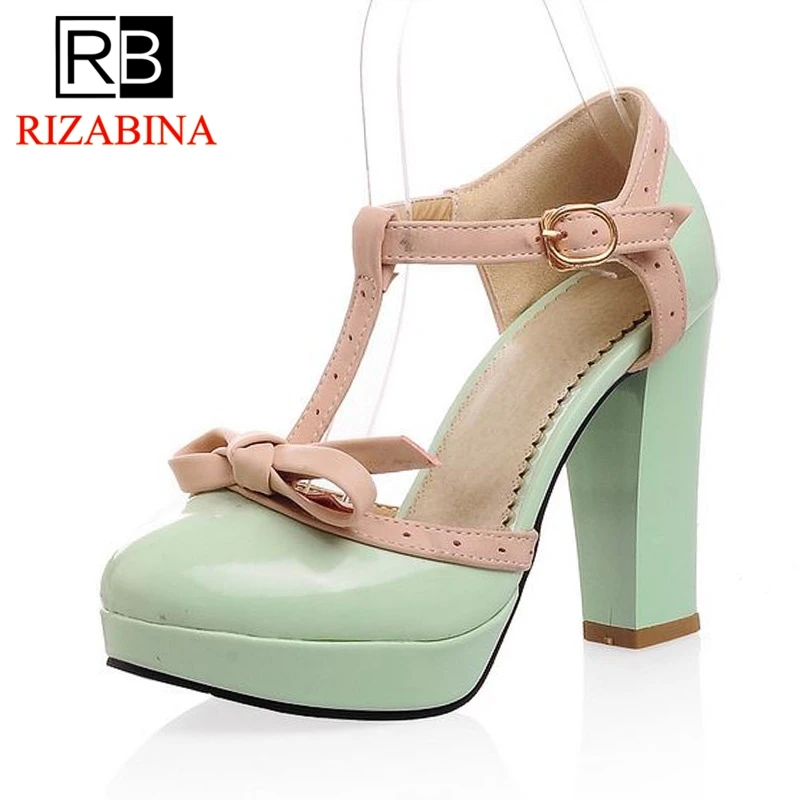 

RizaBina Spring New Women Sandals T Strap Round Toe Bowknot Thick Heels Shoes Sweet Daily Summer Women Footwear Size 34-39