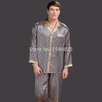 

Quality Male Silk Sleepwear MEN Long-sleeve 100% Mulberry Silk Twinset Print Pajama Sets L/XL/XXL Free Shipping