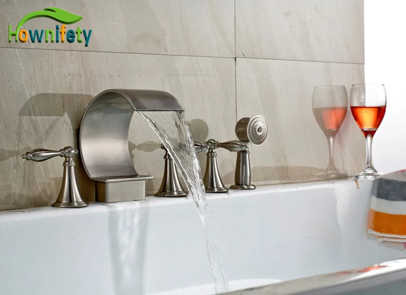 

Brushed Nickel Bath Deck Mounted Three Handles Mixer Valve Tub Faucet