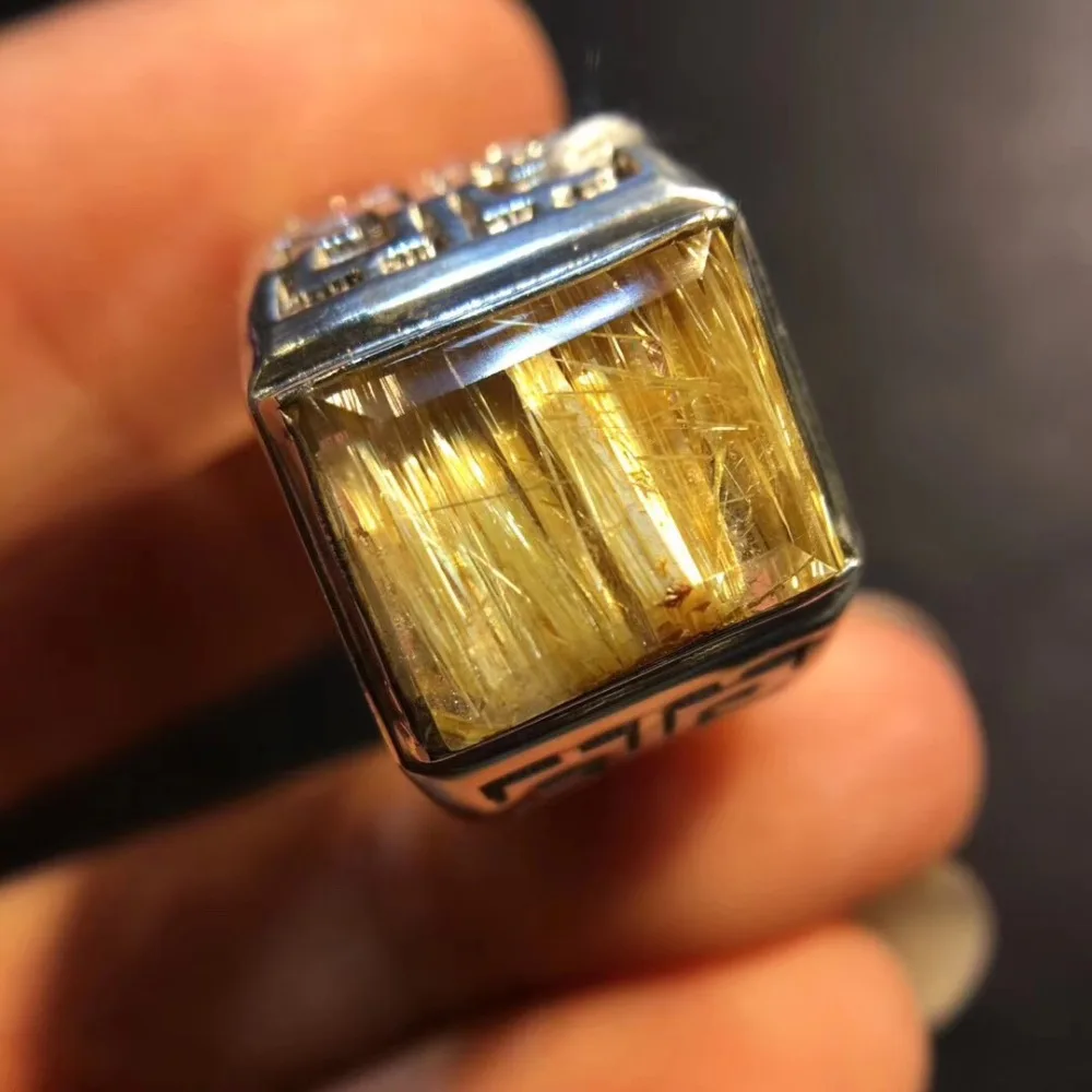 

12.2x10mm Natural Gold Rutilated Quartz Ring For Woman Man 925 Silver Sterling Metal Crystal Fashion Adjustable Size Rings AAAAA