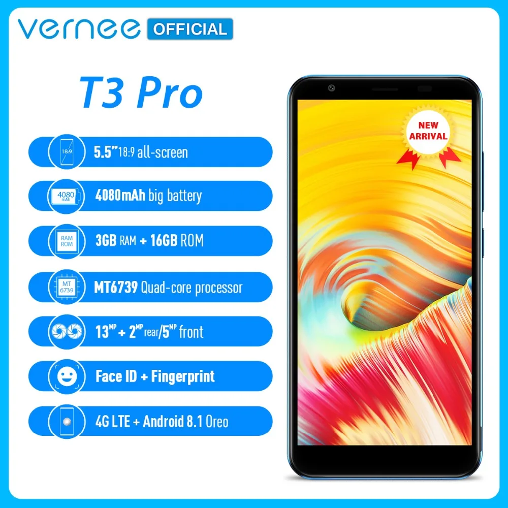 Vernee T3 Pro 5.5inch full screen 3GB RAM 16GB ROM Android 8.1 Smartphone Quad-core MTK6739 Cellphone 4080mAh 4G Mobile Phone