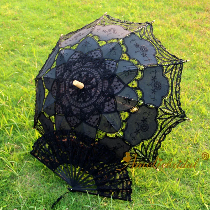 Белый экрю черный ручной работы хлопок Винтажный кружевной зонтик и кружевной веер вечерние декоративный зонтик