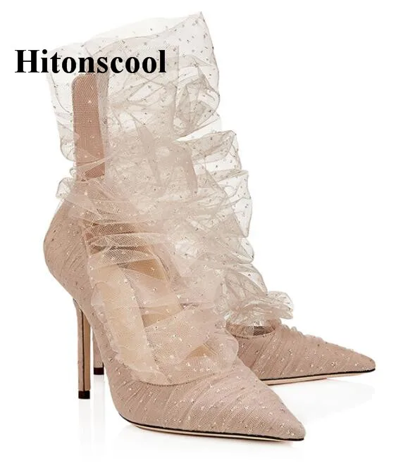 

New Fashion Pointed Toe Shoes Women Luxury Lace Pumps Elegant Ladies High Heels Back Zipper Sexy Wedding Shoes