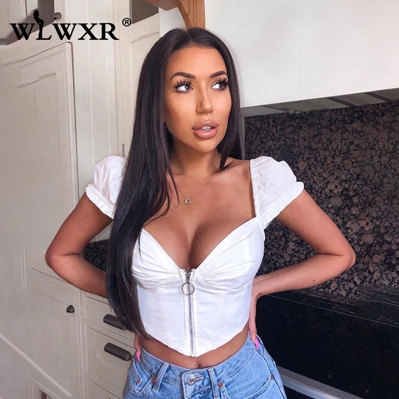 

WLWXR Ruffles Summer Tank Top Women Cropped Zipper Solid Backless White Sexy Club Crop Top Female Camis Casual T Shirt Women